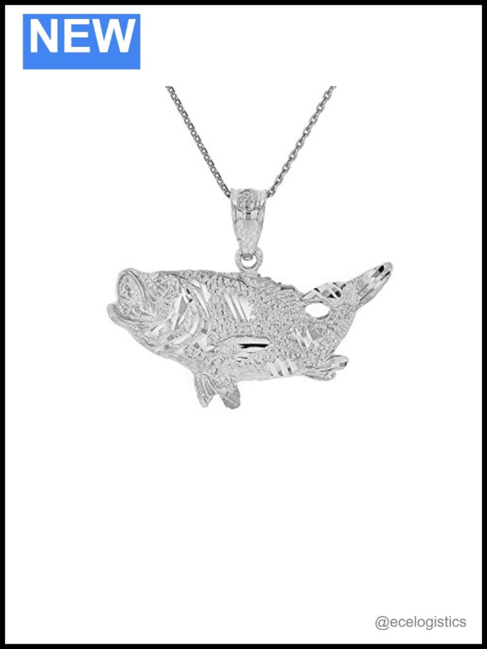 925 Sterling Silver Sea Bass Pendant Necklace 18" Rolo Chain